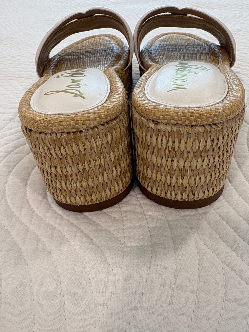 Sam Edelman Tan Woven Raffia Wedge Slides with White Trim - Picture 4 of 7